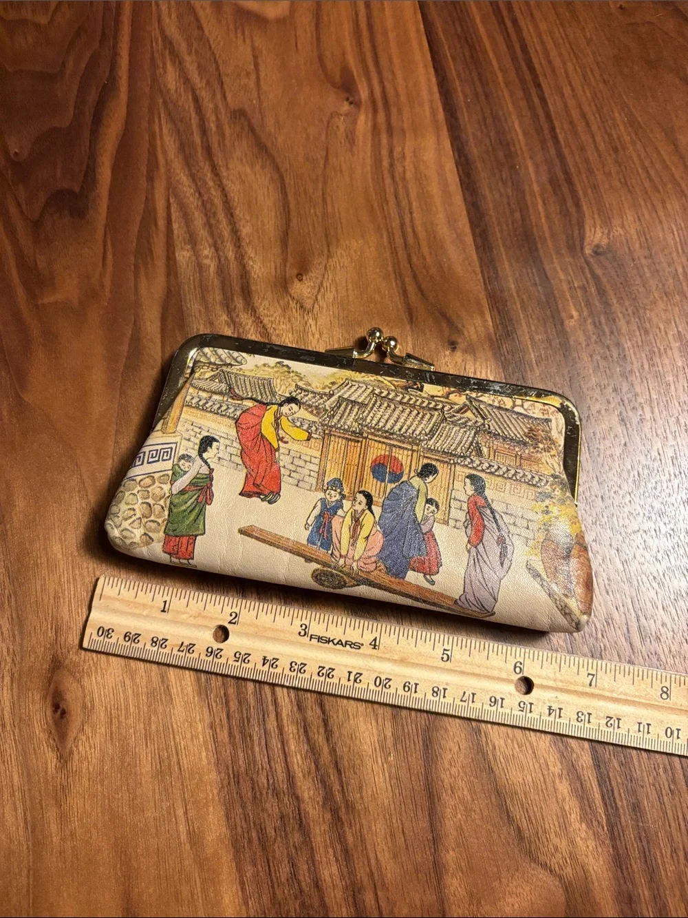 Vintage Korean leather double kiss-lock coin purse
